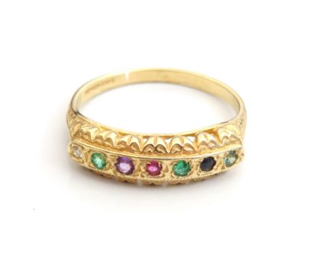 GEM SET ACROSTIC 'DEAREST' RINGset with the following sequence of stones: diamond, emerald, amethyst, ruby, emerald, sapphire