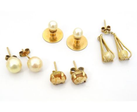 SELECTION OF GOLD EARRINGSincluding cameo and pearl; and a pair of pearl set nine carat gold gentleman's studs