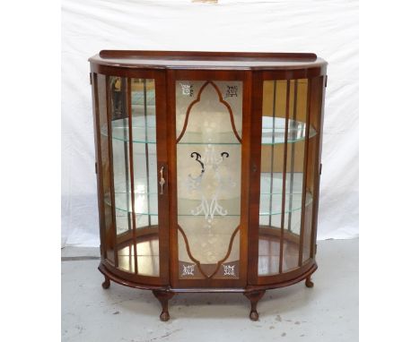 1950s WALNUT D SHAPED DISPLAY CABINET the raised back above a central glazed panel flanked by a pair of shaped glazed and bea