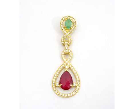 RUBY, EMERALD AND CZ DROP PENDANTthe briolette cut ruby and oval cut emerald in multi CZ surround, in gold mount, 5.1cm high