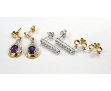 THREE PAIRS OF OF GOLD EARRINGScomprising a pair of of amethyst and diamond drop earrings in nine carat gold; a pair of diamo