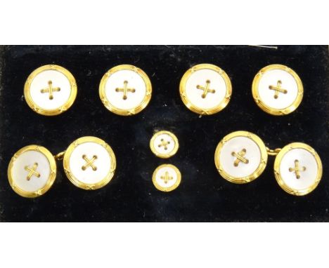SET OF EDWARDIAN EIGHTEEN CARAT GOLD AND MOTHER OF PEARL DRESS STUDS AND CUFFLINKSin fitted box marked 'Diamond Merchants. Di