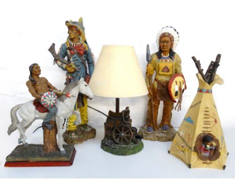 FIVE NATIVE AMERICAN RESIN FIGURESdepicting one riding a horse, one with a bear skin headdress, a small girl looking out of a