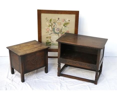 SMALL EDWARDIAN OAK OPEN FRONT CABINETwith lower carved frieze and raised on shaped supports with straight stretchers, 53cm h