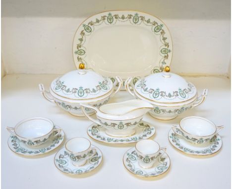 MINTON ADAM PATTERN DINNER SERVICEwith a white ground and gilt border decorated with garlands, comprising dinner and side pla