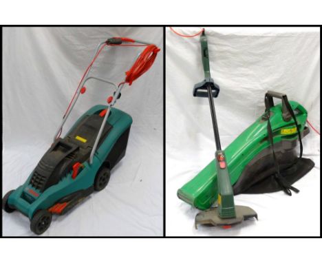 BOSCH ELECTRIC LAWN MOWERwith a 13.5" cut and grass collecting box; along with an electric combination garden vac/leaf blower