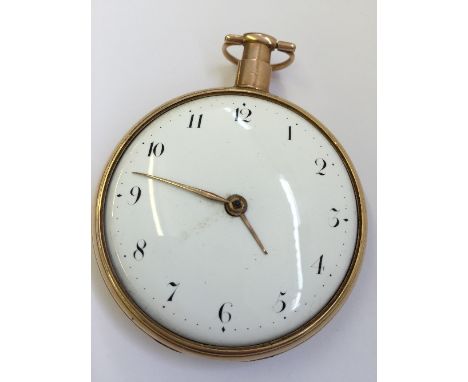 A gentleman's large 18 carat gold open faced fusee pocket watch with a full floral gilt movement, white enamel Arabic dial (a