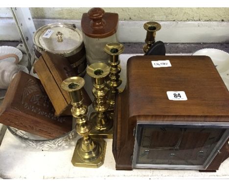 An Art Deco style wooden cased mantle clock with square face together with an oak and silver plated biscuit barrel, two pairs