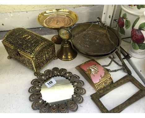 A small collection of brass ware including brass scales and a small brass jewellery box.