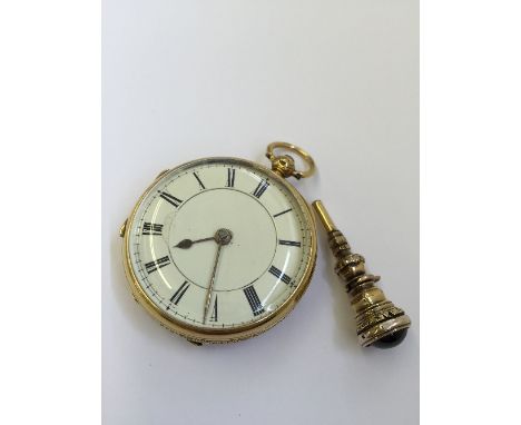 A ladies' 18 carat gold open faced pocket watch with white Roman enamel dial and all over floral decoration, stamped G. C. &a