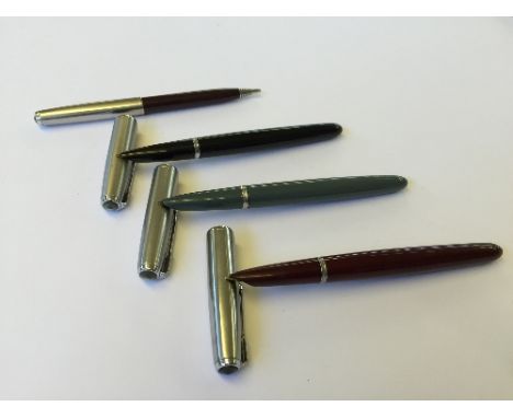 Three vintage Parker 51 fountain pens with Lustraloy caps, all with no dents or dings together with a Parker 51 burgundy foun