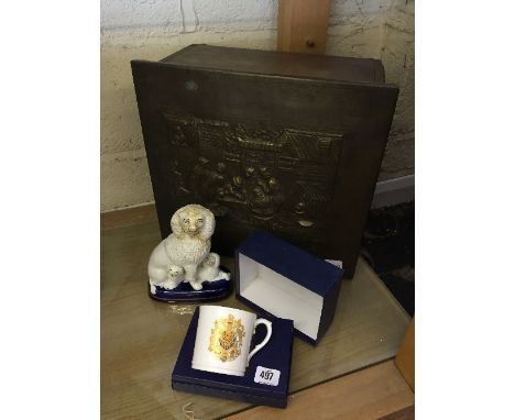 A wooden and brass coal box together with a Staffordshire splat back figure and a Royal Worcester Commemorative mug.