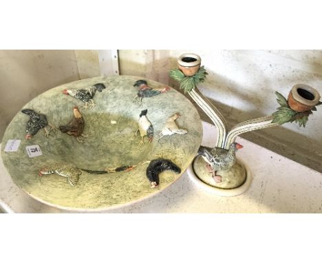 Anna Lambert: A large Studio Pottery footed fruit bowl, decorated with Cockerels and Chickens together with a twin branch can