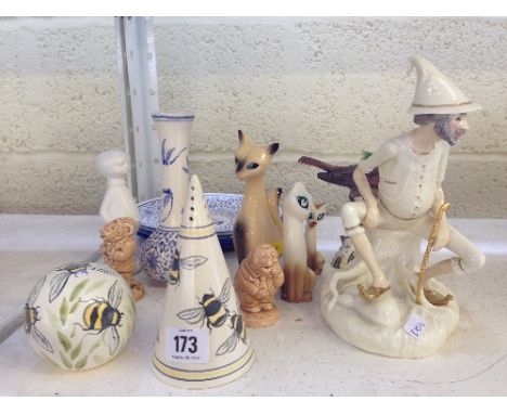 A Royal Doulton figure: Rumpelstiltskin together with a Bisque Goebel Wrenn and other Studio Pottery porcelain by Z. Ralph.