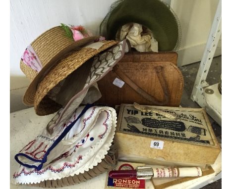 A ladies' snakeskin handbag in original box together with a collection of various dress hats and vintage clothing items.