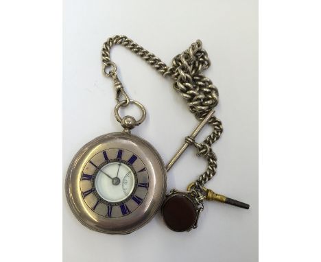 A gentleman's silver chain driven half hunter pocket watch with white enamel Roman dial and subsidiary hand by Hancock, Cox &