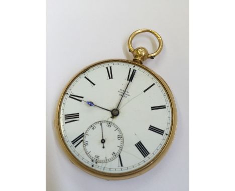 An E. J. Dent gentleman's 18 carat gold open faced pocket watch with white enamel Roman dial and subsidiary hand, the movemen