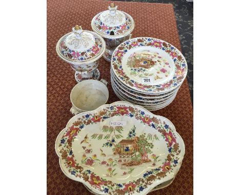 The residue of a late 19th century Chamberlain Worcester dessert service, decorated in a Chinoiserie style pattern. 