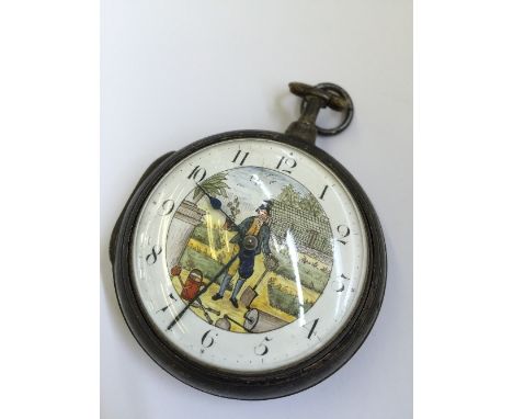 An 18th century gentleman's silver Pair cased fusee pocket watch with enamel Arabic dial with painted enamel face (movement s