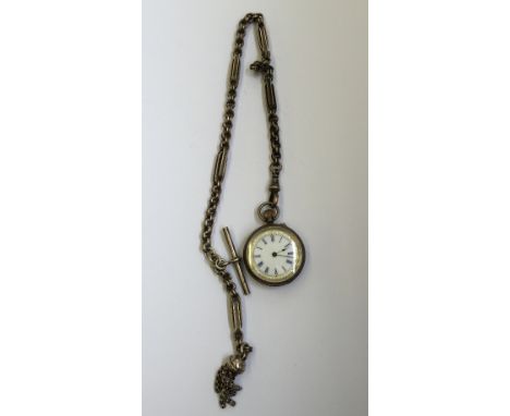 A ladies' silver plated open faced fob watch with enamel Roman dial on a silver metal Art Deco style chain (52 grams overall)