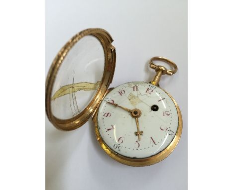 A ladies' gold coloured open faced fusee pocket watch no.5003 by Pierre Gregson, Paris with white enamel Arabic dial (af).