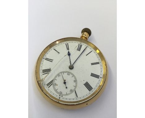 A gentleman's 18 carat gold open faced pocket watch with Roman enamel dial and subsidiary seconds (102 grams overall), (af).