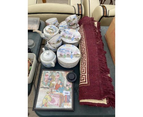 AN ASSORTMENT OF ORIENTAL STYLE ITEMS TO INCLUDE A FRAMED PRINT, A TEA SERVICE AND A RUG ETC 