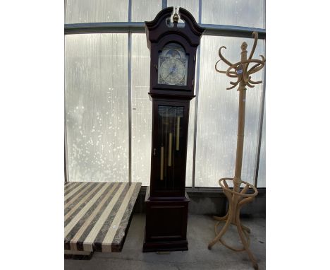 A MODERN BRASS FACED LONGCASE CLOCK WITH ROLLING MOON, THREE WEIGHTS AND SWAN NECK PEDIMENT 