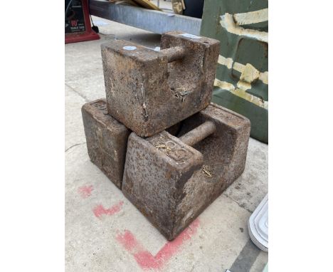 TWO VINTAGE CAST IRON 56LB WEIGHTS AND A FURTHER 28LB WEIGHT 