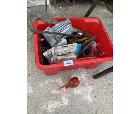 AN ASSORTMENT OF TOOLS TO INCLUDE SPANNERS AND A PUMP ACTION OIL CAN ETC 