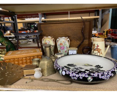 A LARGE MIXED LOT TO INCLUDE A LARGE SHERATON BOWL, VASES, MAPPIN AND WEBB CARRIAGE CLOCK, WOODEN BOX, BRASS ITEMS, ETC 