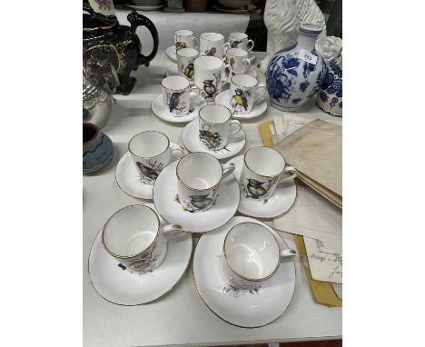A LARGE QUANTITY OF HAMMERSLEY &amp; CO BONE CHINA COFFEE CANS AND SAUCERSWITH BIRD DESIGN TO THE CUP AND SAUCERS - 14 IN TOT