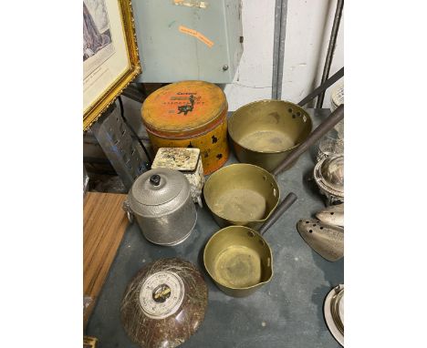 THREE GRADUATING BRASS PANS, A PEWTER LIDDED POT WITH LION HANDLES, BAROMETER AND VINTAGE TINS 