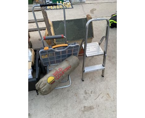 A SMALL ALUMINIUM STEP LADDER, A TROLLEY AND A TOOL BOX ETC 