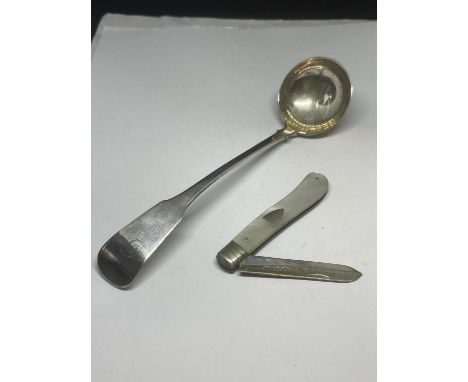 TWO ITEMS - A MOTHER OF PEARL &amp; HALLMARKED SILVER FRUIT KNIFE TOGETHER WITH A BELIEVED SILVER LADLE, LENGTH 16CM 