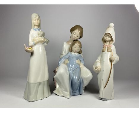 THREE CERAMIC FIGURES - LLADRO GIRL, NAO MOTHER &amp; CHILD AND LLADRO STYLE FIGURE 