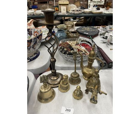 A QUANTITY OF BRASSWARE TO INCLUDE A CANDLESTICK, FIGURES, BELL, AFTABA WATER PITCHER, ETC., 