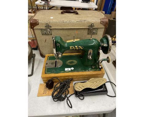 A RARE VINTAGE GREEN PAX SEWING MACHINE WITH HILLMAN MOTOR, IN ORIGINAL CASE, PEDAL AND BOOKLET 