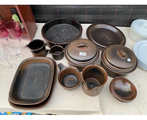 AN ASSORTMENT OF BROWN STONE WARE CERAMIC ITEMS TO INCLUDE TUREENS, JUGS AND PLATES ETC 