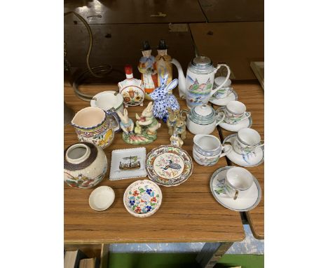 A QUANTITY OF CERAMIC ITEMS TO ICLUDE FIGURES, AN ORIENTAL COFFEE SET, ETC 