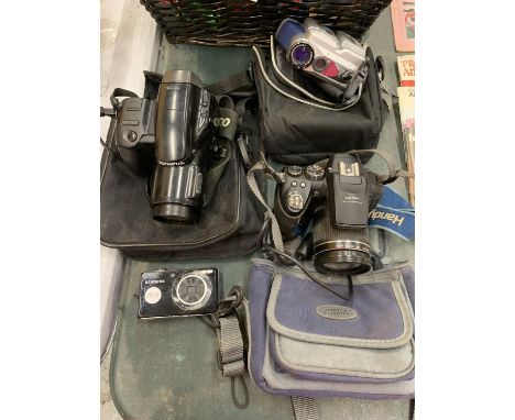 A VINTAGE OLYMPUS ZOOM CAMERA, MAXIM DIGITAL CAMERA, FUJIFILM HS 10 AND A SAMSUNG ZOOM LENS, THREE IN CASES 