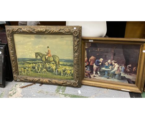 ATTRACTIVE COLOUR PRINT OF A HUNTING SCENE, 46X61CM, AND A COLOUR PRINT OF A 17TH CENTURY TAVERN SCENE, 38X48CM, BOTH FRAMED 