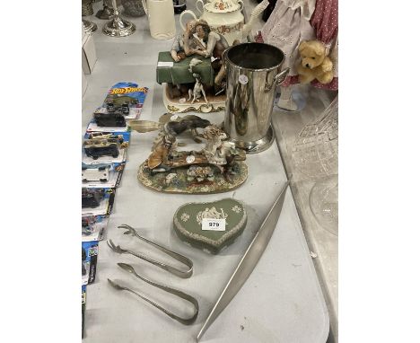 A QUANTITY OF CERAMIC ITEMS TO INCLUDE TWO CAPIDOMONTE STYLE GROUP FIGURES, A STAINLESS STEEL HANDLED POT, HORN BIRDS, ICE/SU