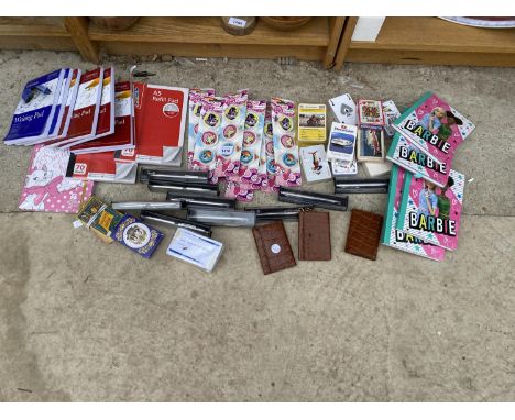 AN ASSORTMENT OF ITEMS TO INCLUDE NOTEPADS, RUBBERS AND PLAYING CARDS ETC 