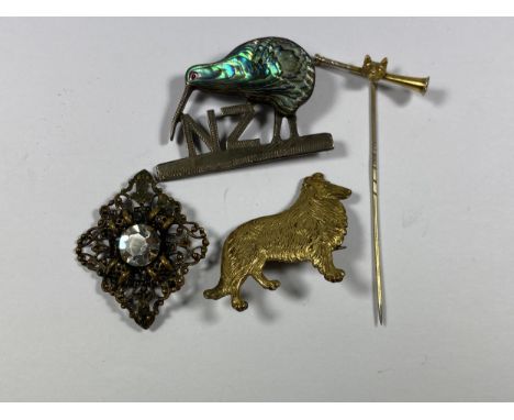 A GROUP OF FOUR ITEMS TO INCLUDE A SILVER &amp; MOTHER OF PEARL NEW ZEALAND BROOCH, KENART DOG BROOCH ETC 