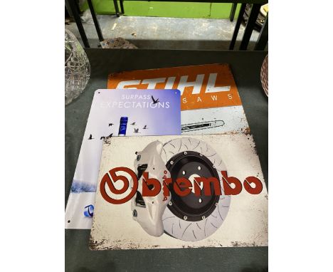 THREE METAL SIGNS STIHL, BREMBO AND GREY GOOSE VODKA 