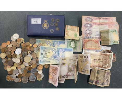 A COLLECTION OF VINTAGE COINS &amp; BANKNOTES TO INCLUDE SIX PRE 1920 SILVER THREEPENCES ETC 