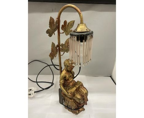 A VINTAGE STYLE GOLD COLOURED LAMP WITH A SEATED FIGURE TO THE BASE HEIGHT 45CM 