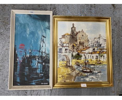 RON SMITH (BRITISH 20TH CENTURY) 'NIGHT HARBOUR', OIL ON BOARD, SIGNED, 51X25CM, FRAMED, COLOUR PRINT OF A CONTINENTAL SCENE 