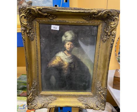 A MODERN REPRODUCTION OILIOGRAPH ON BOARD OF A PORTRAIT OF A MAN IN CEREMONIAL ROBE SIGNED "BELLE" IN GOLD GILT FRAME 45CM WI